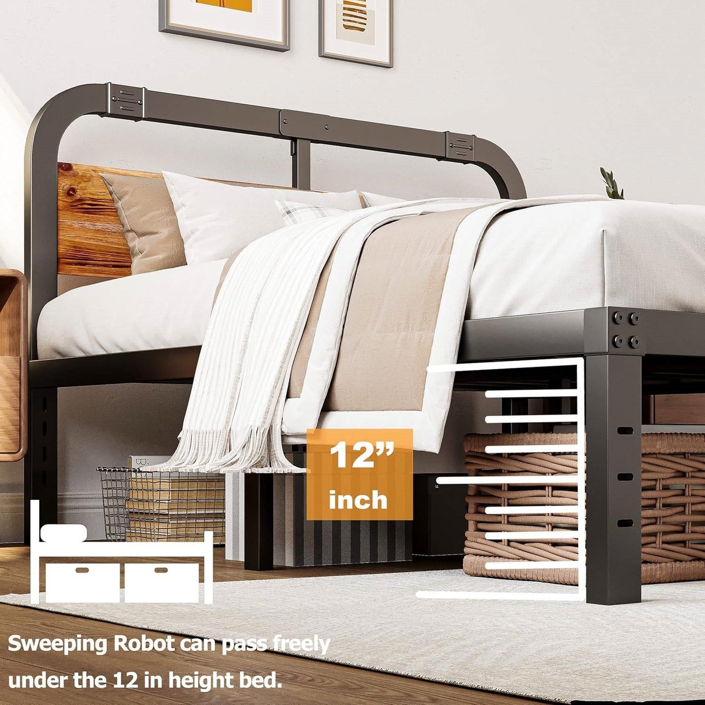 Armazón de cama de metal negro de alta resistencia tamaño California King con cabecero de panel de madera