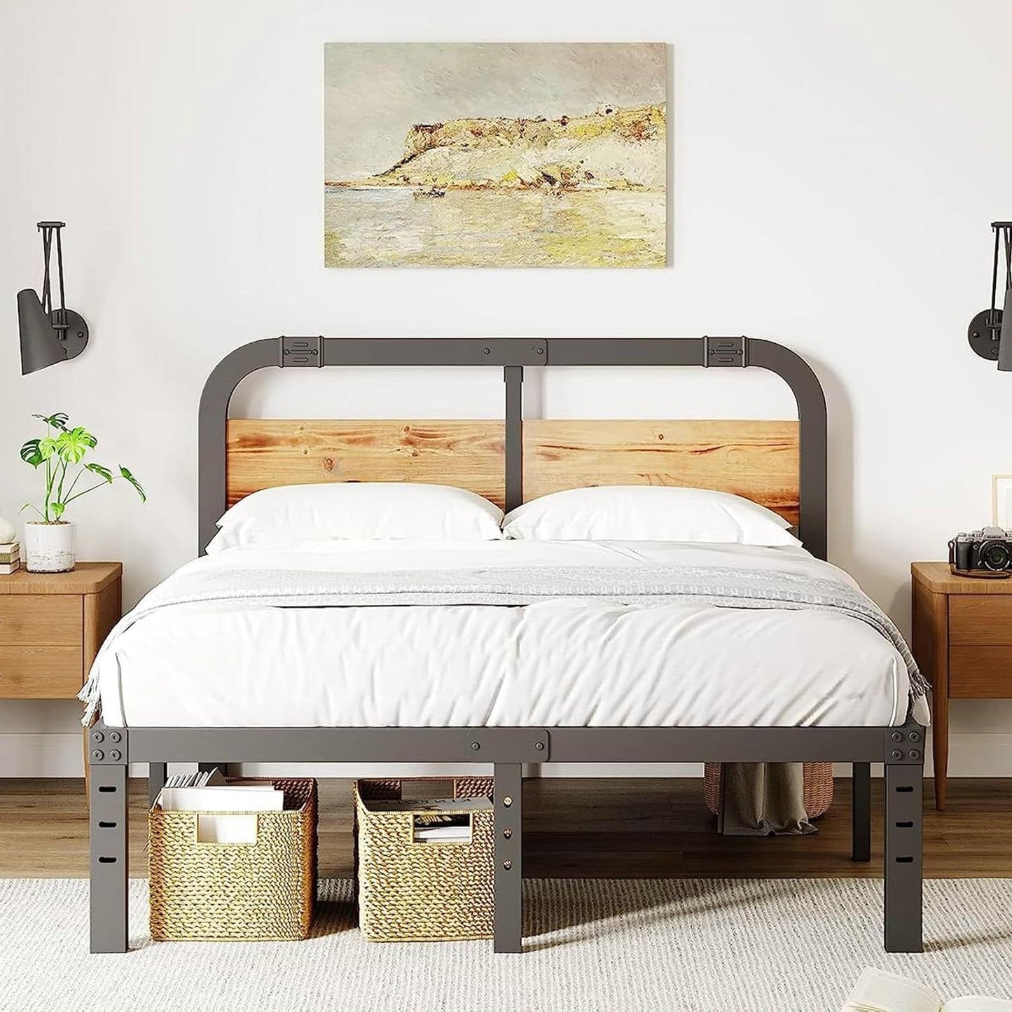 Armazón de cama de metal negro de alta resistencia tamaño California King con cabecero de panel de madera