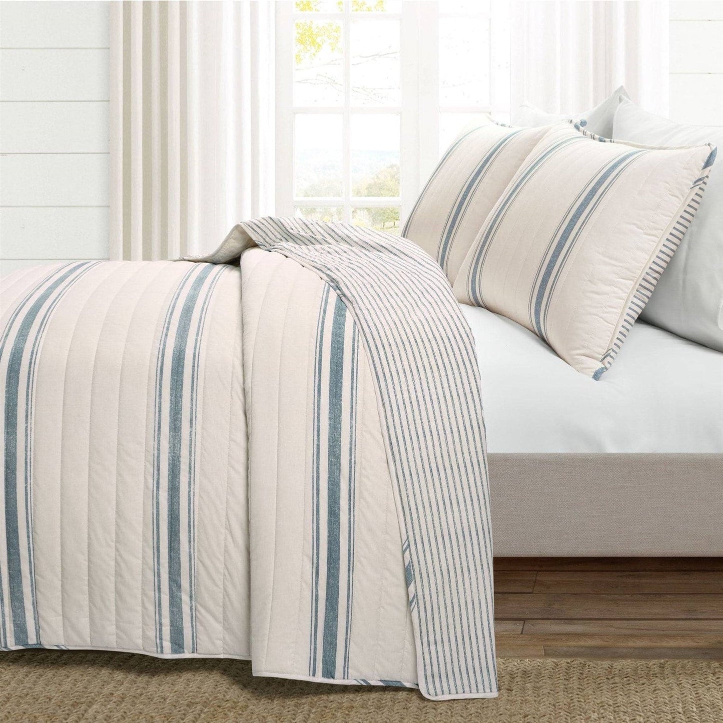 Juego de edredón de algodón reversible de 3 piezas con rayas blancas, azules y crema, tamaño California King