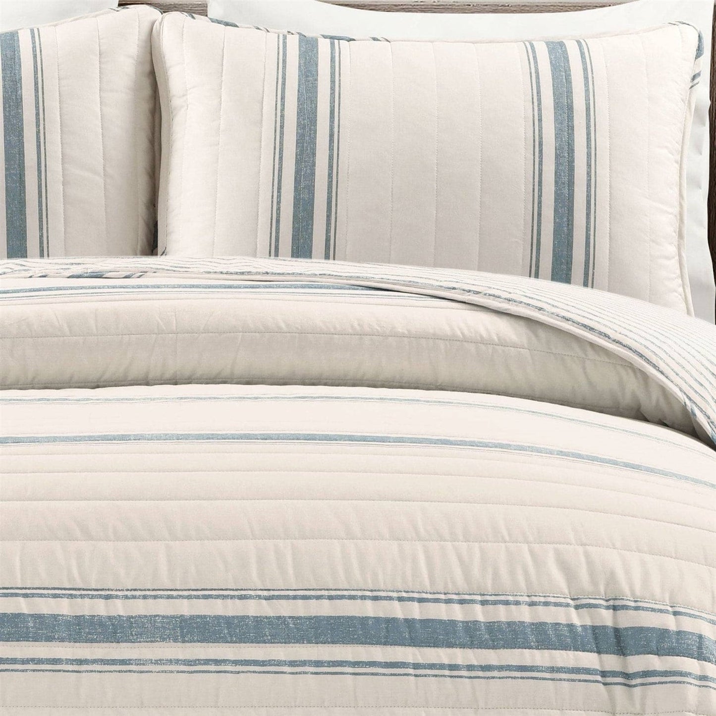 Juego de edredón de algodón reversible de 3 piezas con rayas blancas, azules y crema, tamaño California King