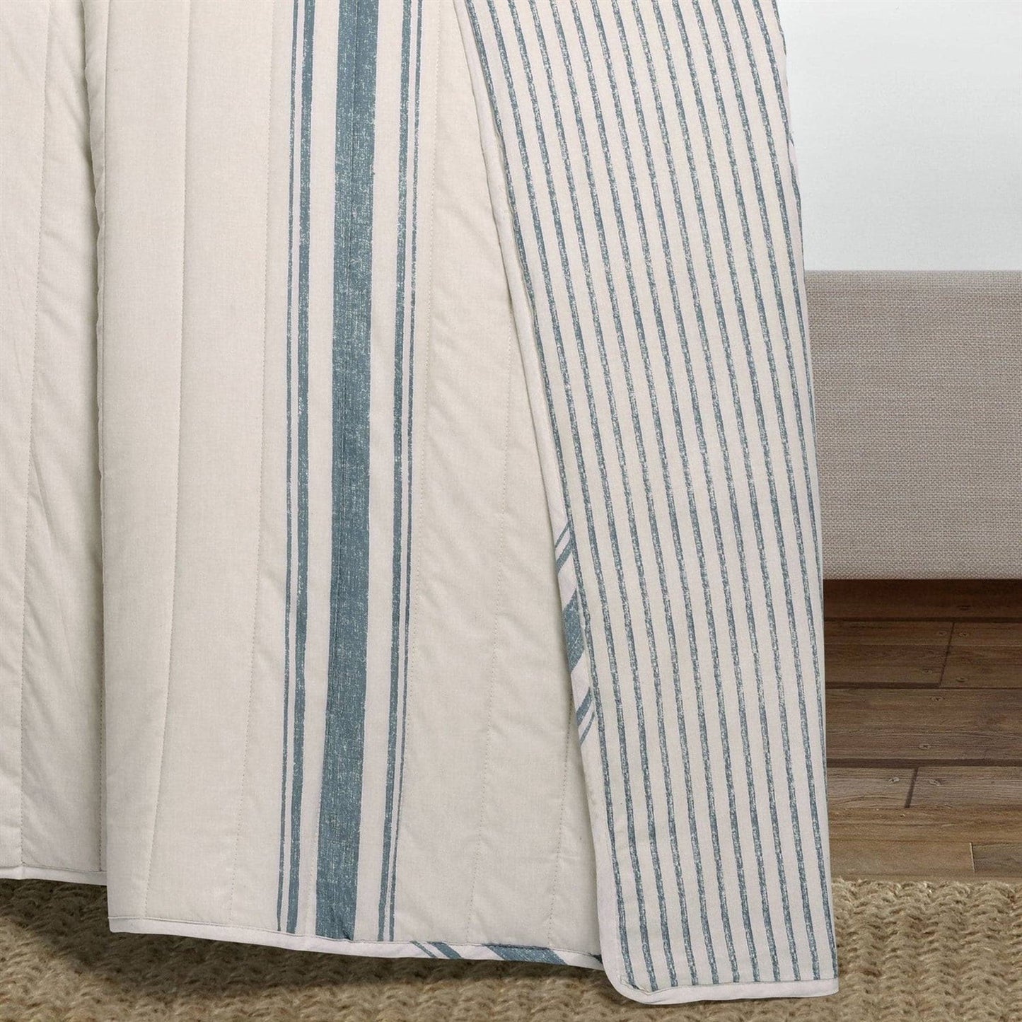 Juego de edredón de algodón reversible de 3 piezas con rayas blancas, azules y crema, tamaño California King