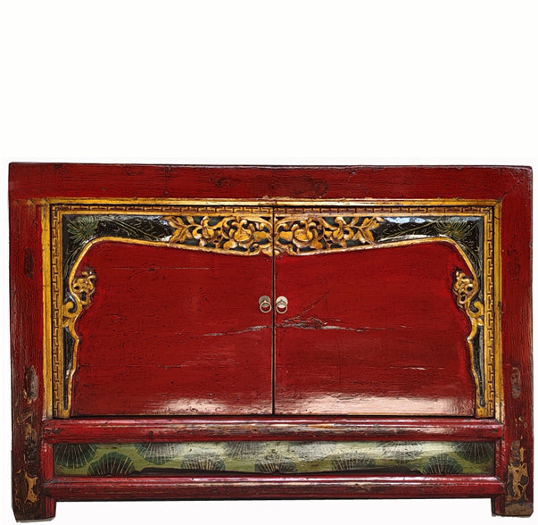 Mesa armario antigua roja de Shanxi con puertas de borde tallado
