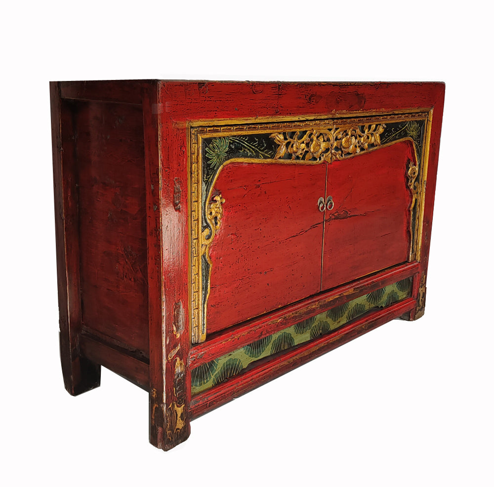 Mesa armario antigua roja de Shanxi con puertas de borde tallado