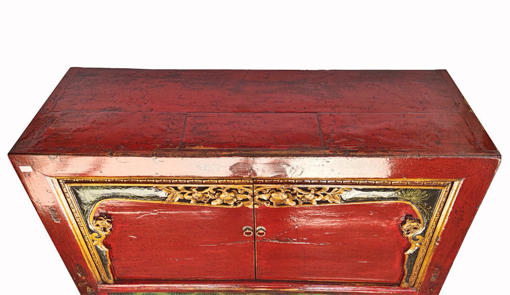 Mesa armario antigua roja de Shanxi con puertas de borde tallado