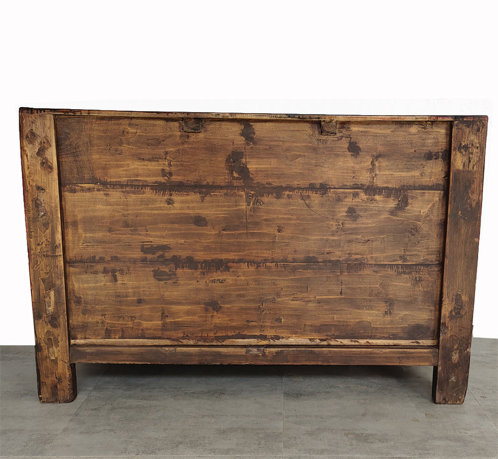 Mesa armario antigua roja de Shanxi con puertas de borde tallado