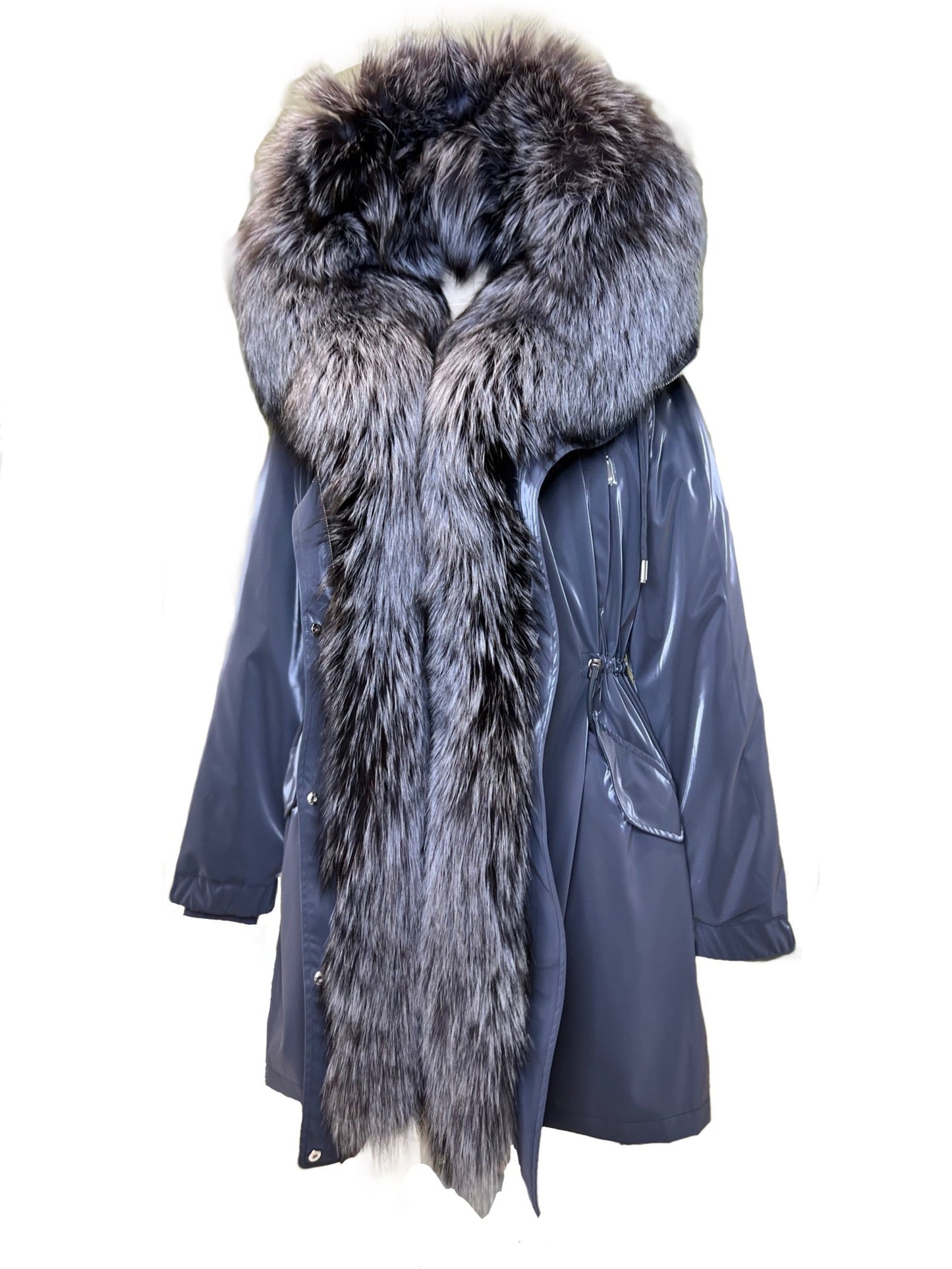 Parka Forrada con Capucha de Zorro Plateado Genuino y Aislamiento de Conejo