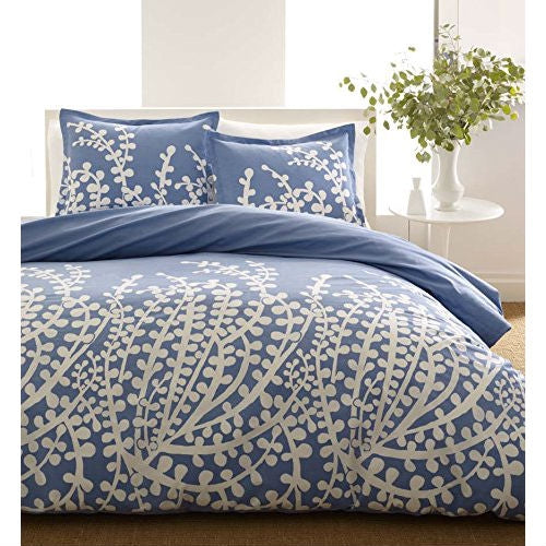 Juego de edredón de 3 piezas de 100 % algodón tamaño matrimonial / queen con diseño de ramas florales en azul y blanco