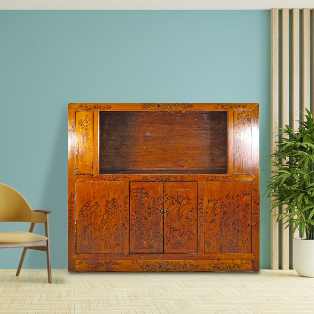Vitrina antigua china pintada a mano – 59 pulgadas de alto, diseño pintado a mano