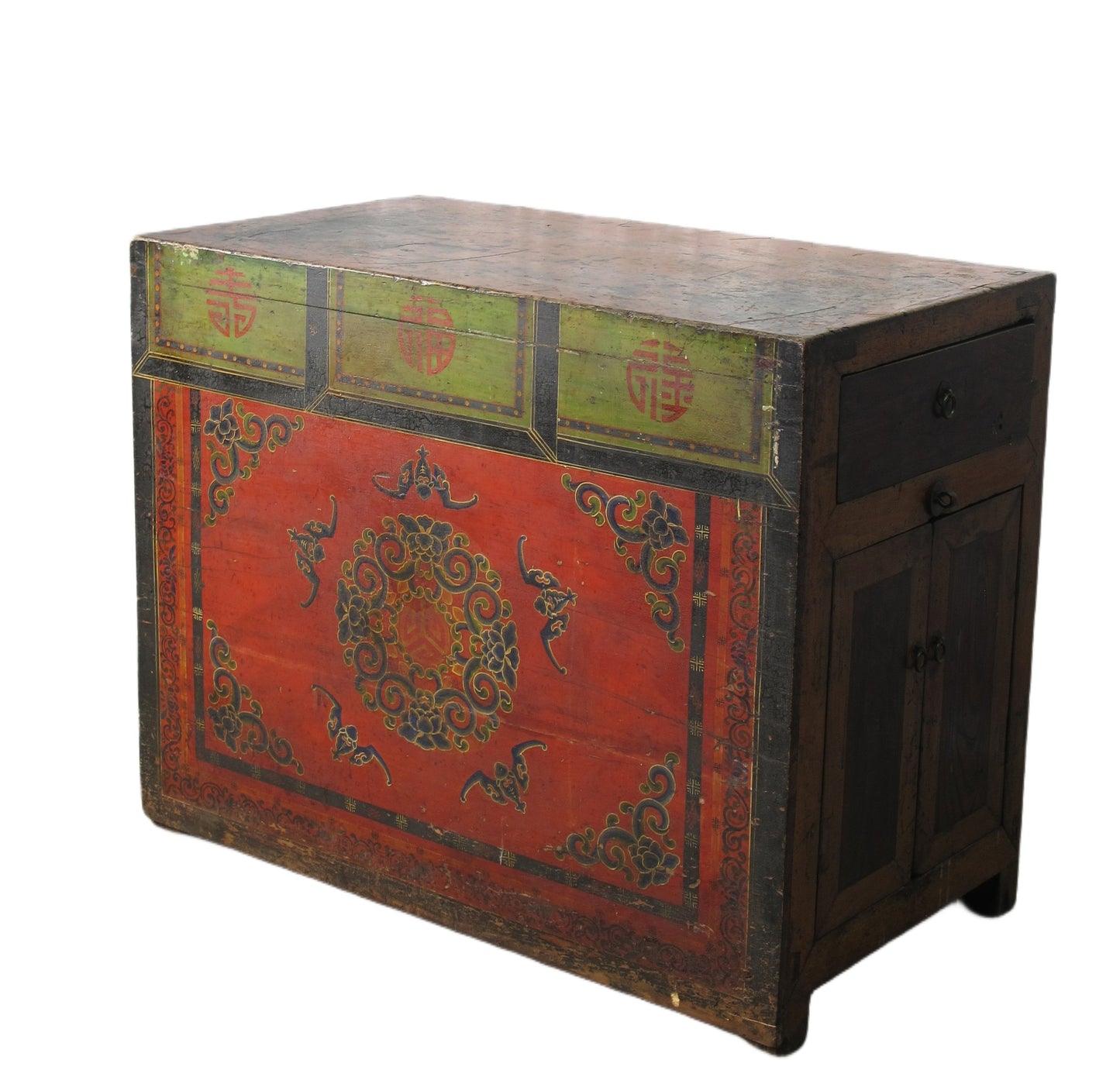Hand Painted Five Bats Antique Gansu Tibetan Cabinet