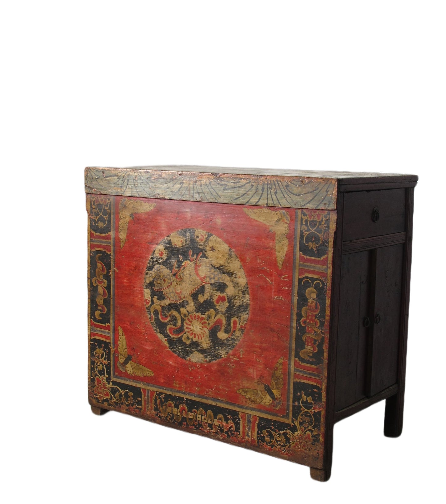 Hand Painted Circle of Mystic Bird Antique Gansu Tibetan Cabinet 2