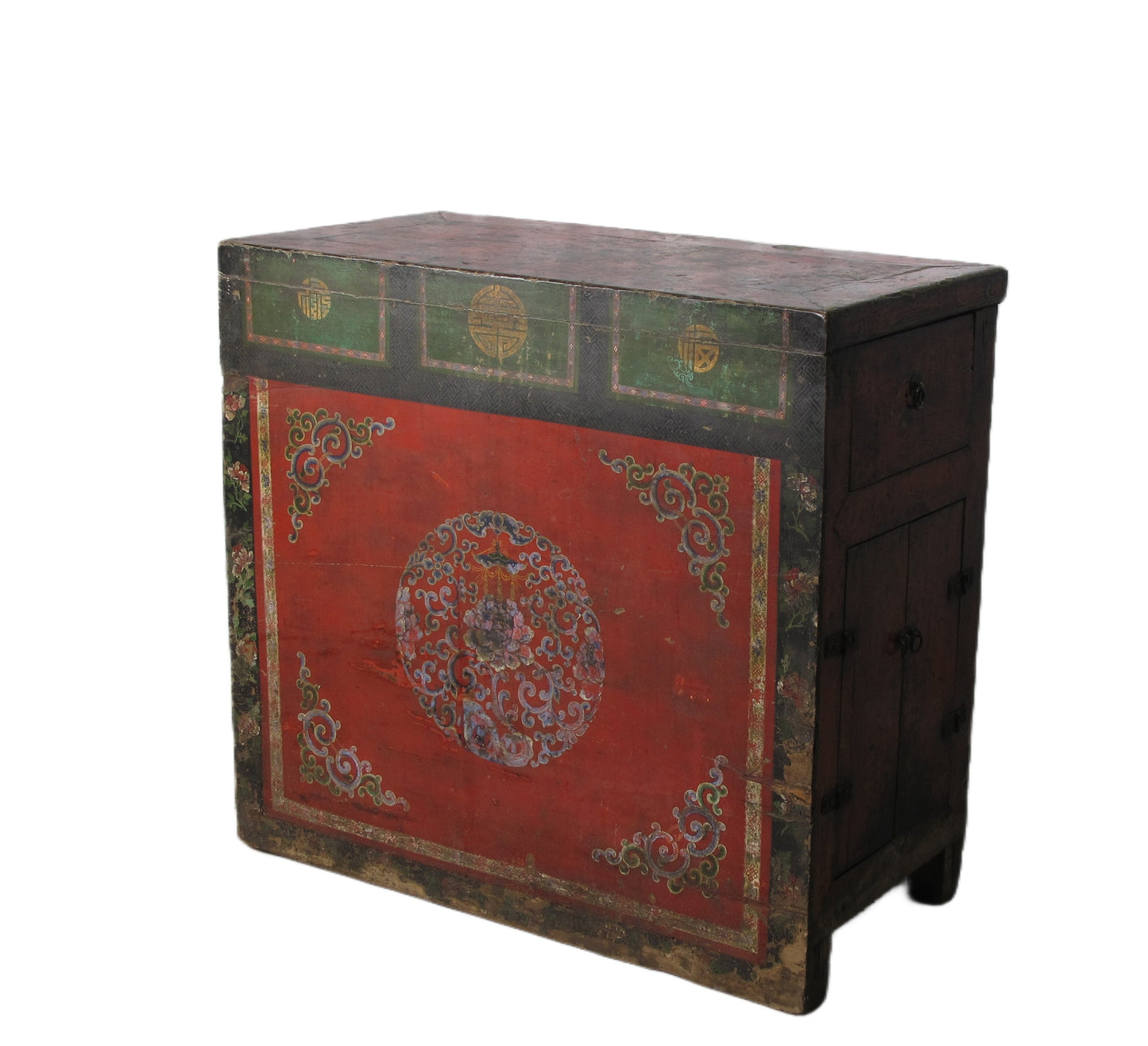 Gabinete Tibetano Antiguo de Gansu con Corona de Flores Pintada a Mano