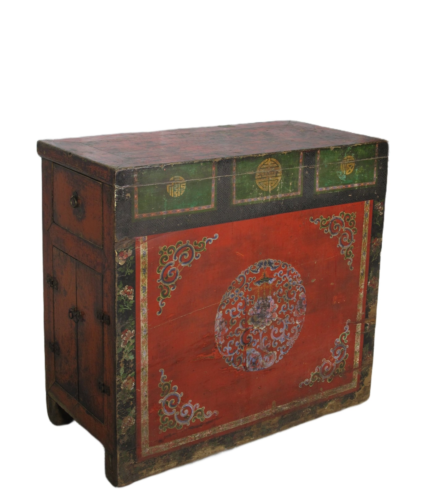 Gabinete Tibetano Antiguo de Gansu con Corona de Flores Pintada a Mano