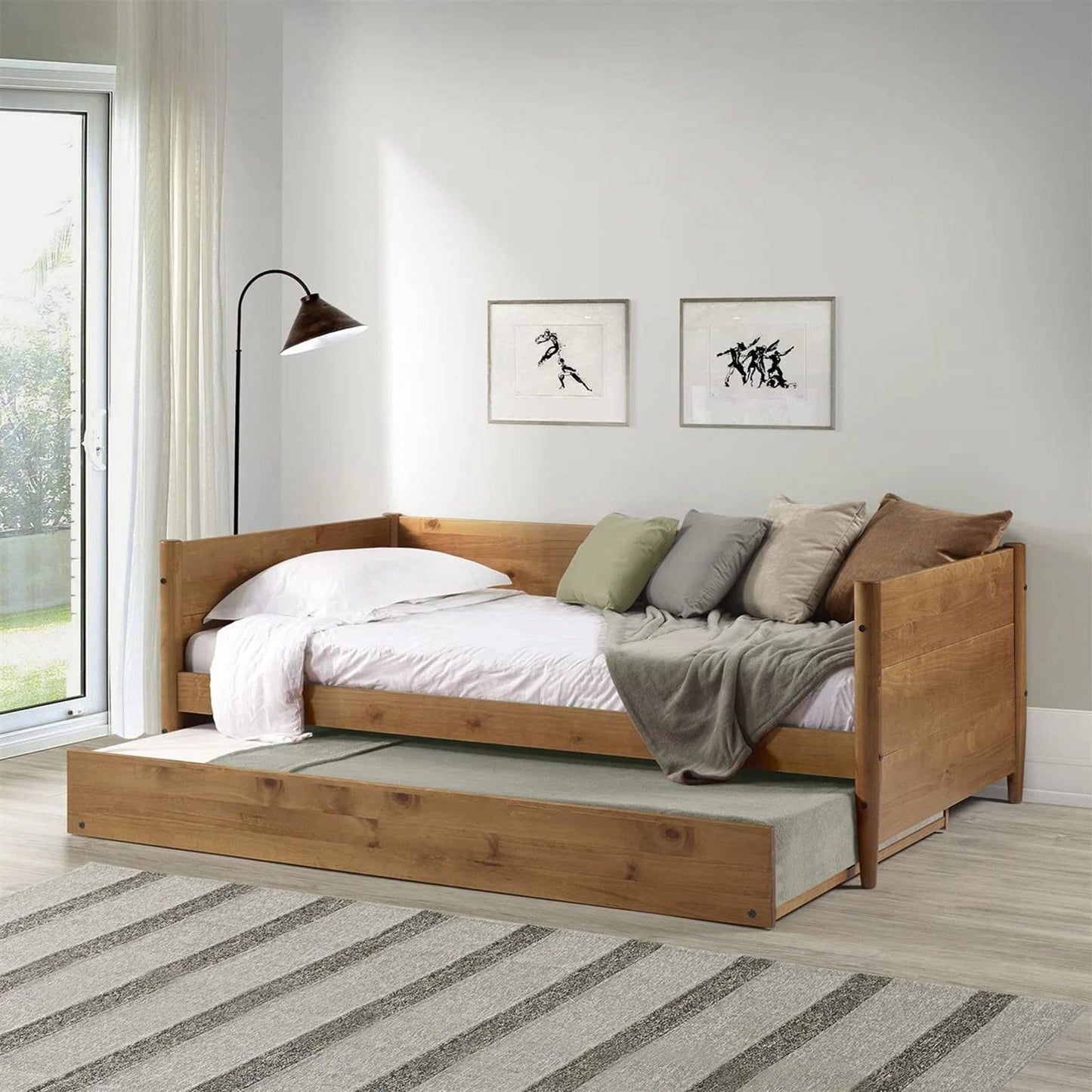 Cama de día individual de madera maciza con nido extraíble en marrón medio