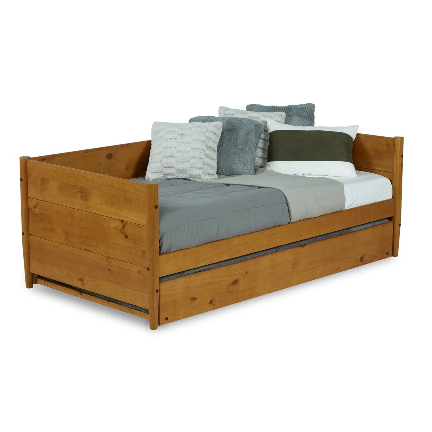 Cama de día individual de madera maciza con nido extraíble en marrón medio