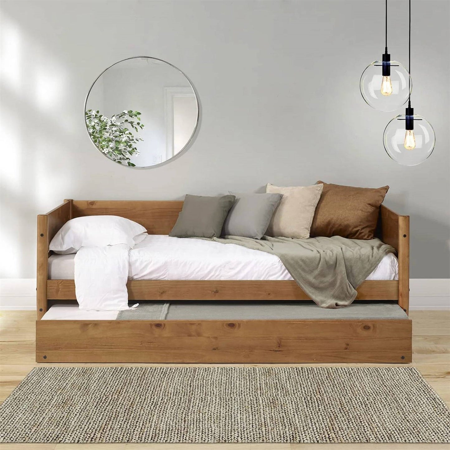 Cama de día individual de madera maciza con nido extraíble en marrón medio