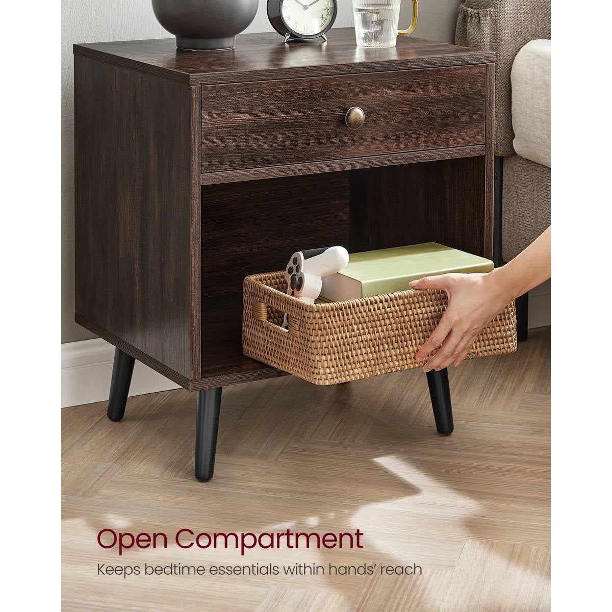 Mid-Century Modern 1-Drawer Nightstand End Table in Dark Brown Wood Finish