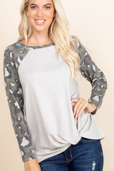 Casual French Terry Side Twist Top with Animal Print Long Sleeves