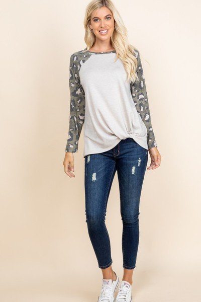 Casual French Terry Side Twist Top with Animal Print Long Sleeves