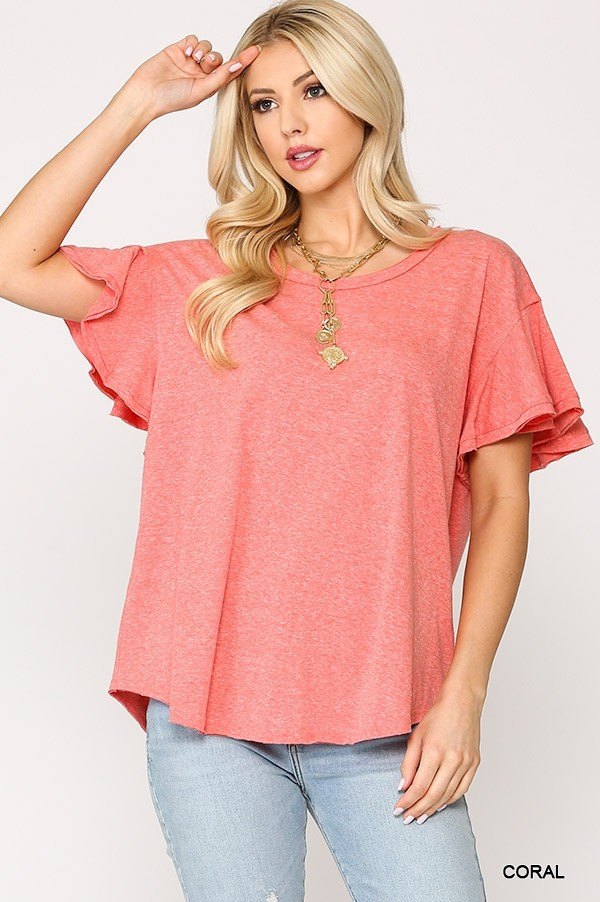 Solid Round Neck Frill Sleeve Top with Scoop Hem