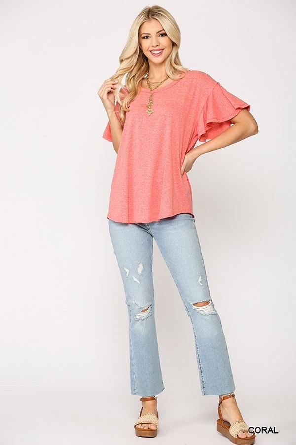 Solid Round Neck Frill Sleeve Top with Scoop Hem