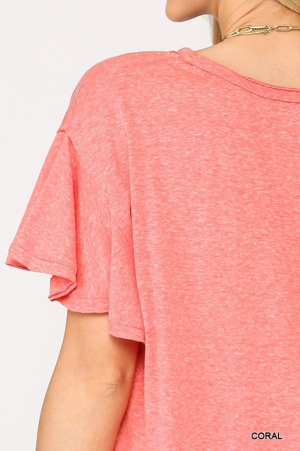Solid Round Neck Frill Sleeve Top with Scoop Hem