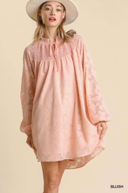 Umgee Jacquard Smocked Tie Neck Dress