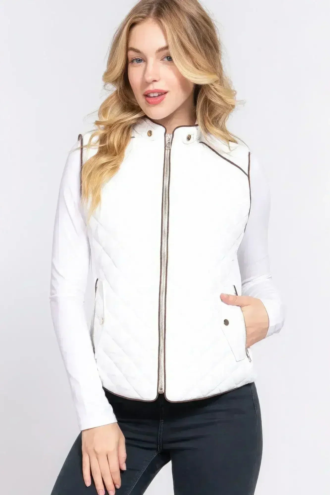 Quilted Suede Piping Vest - Pale Taupe | Femstylo