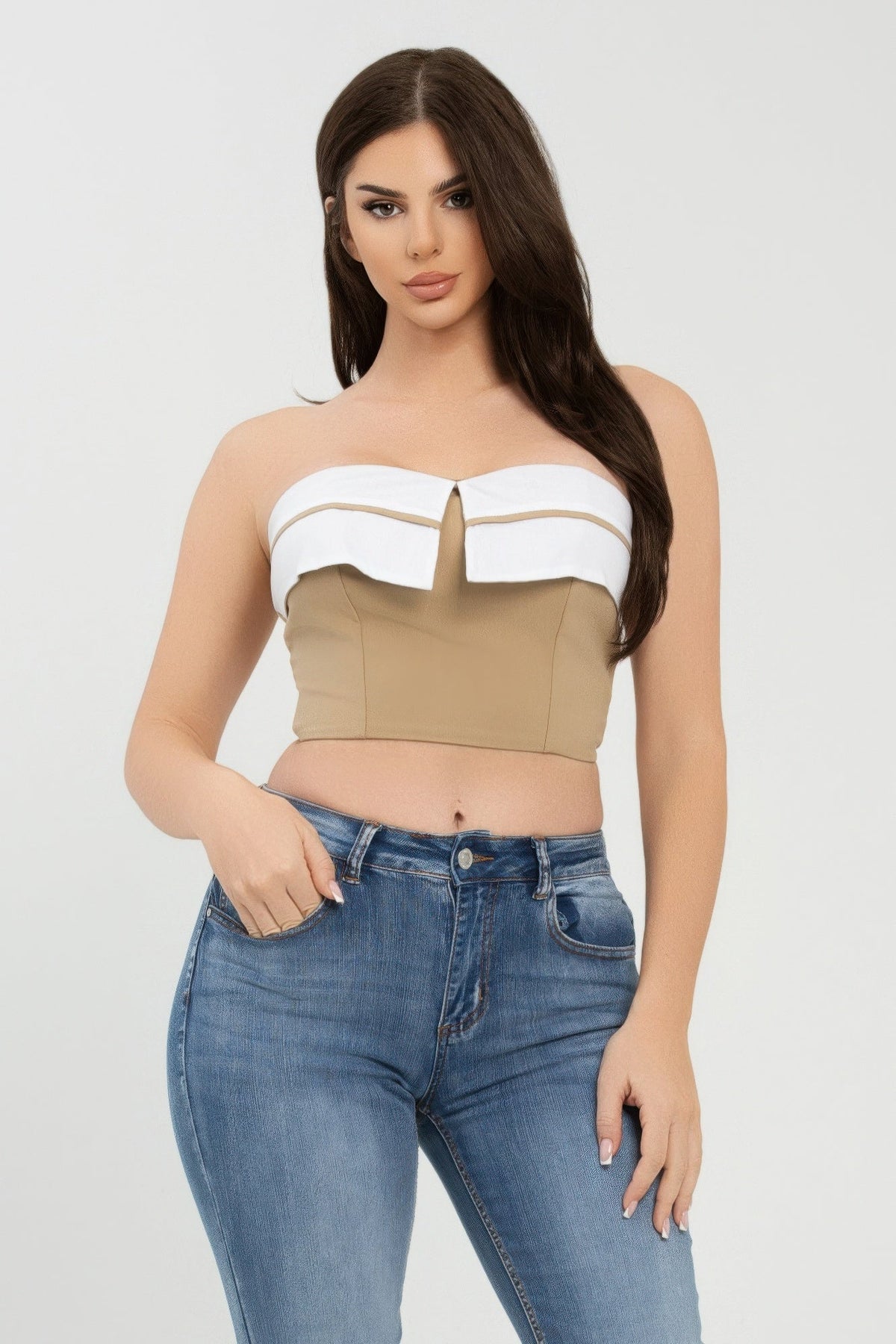 Front Fold-over Color Contrast Tube Top