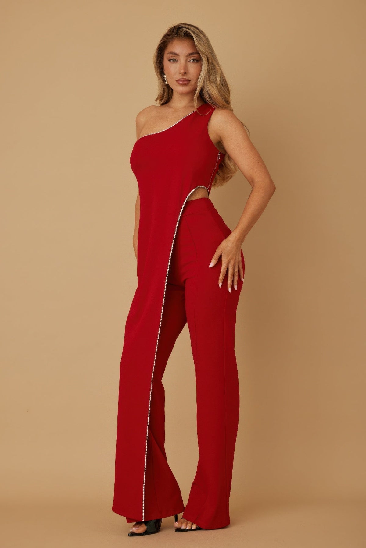 One-Shoulder Rhinestone Jumpsuit