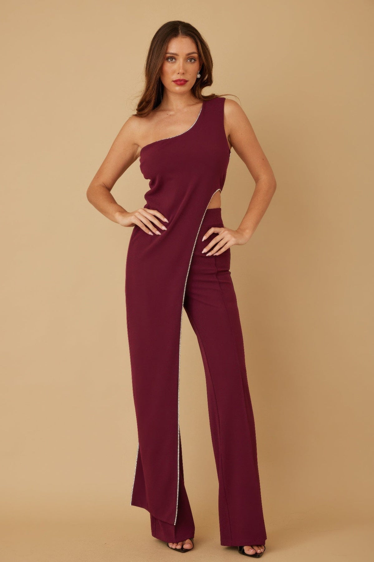 One-Shoulder Rhinestone Jumpsuit