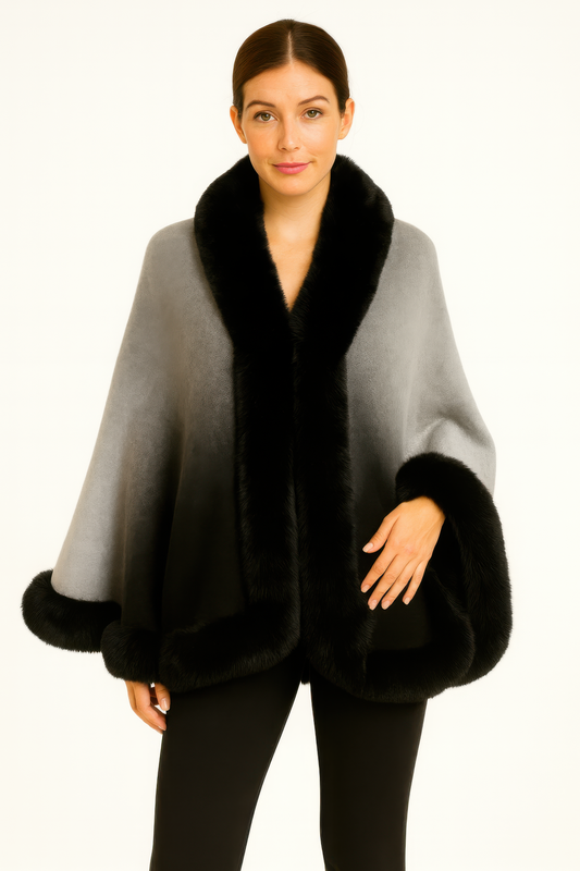 Ombre Faux Fur Trim Cape Wrap See size chart under “more details”
