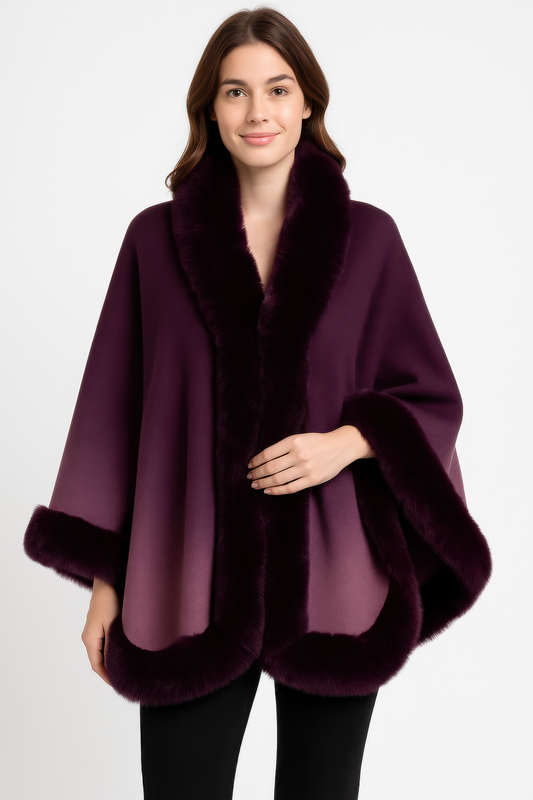 Ombre Faux Fur Trim Cape Wrap See size chart under “more details”