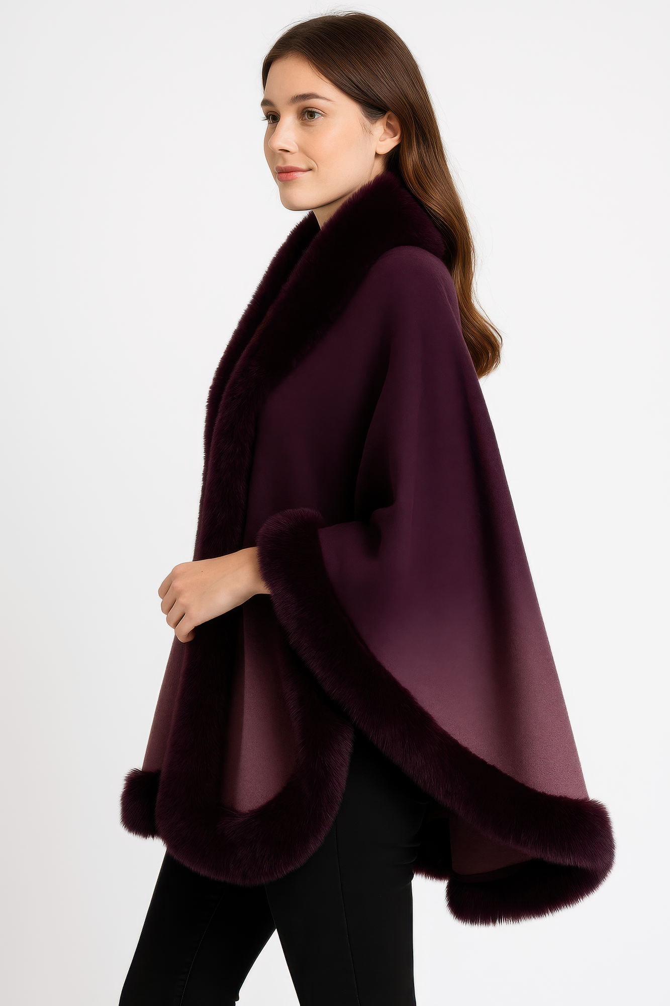 Ombre Faux Fur Trim Cape Wrap See size chart under “more details”