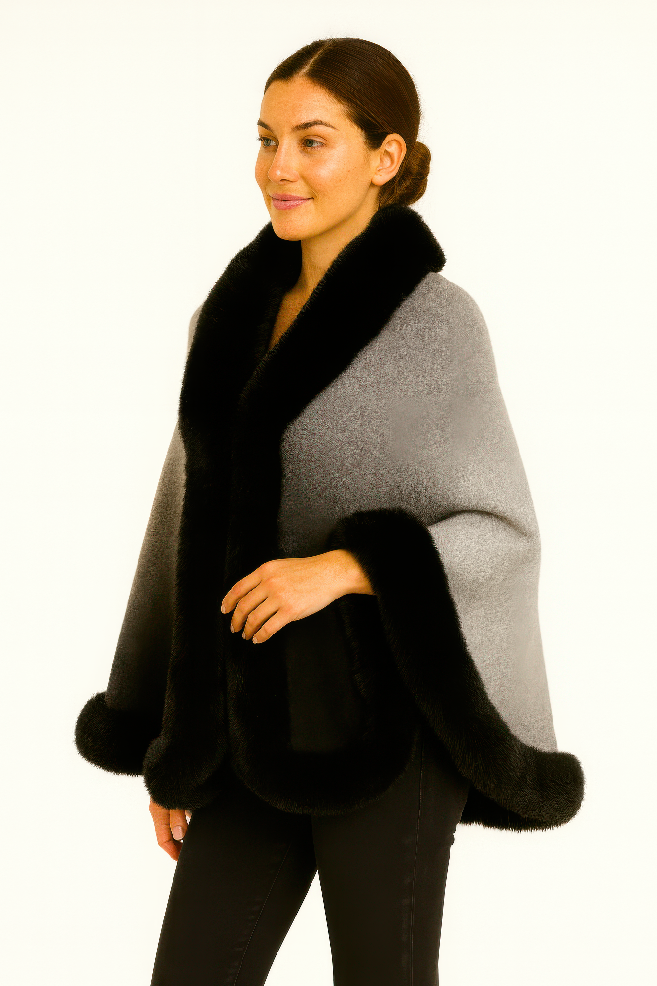 Ombre Faux Fur Trim Cape Wrap See size chart under “more details”