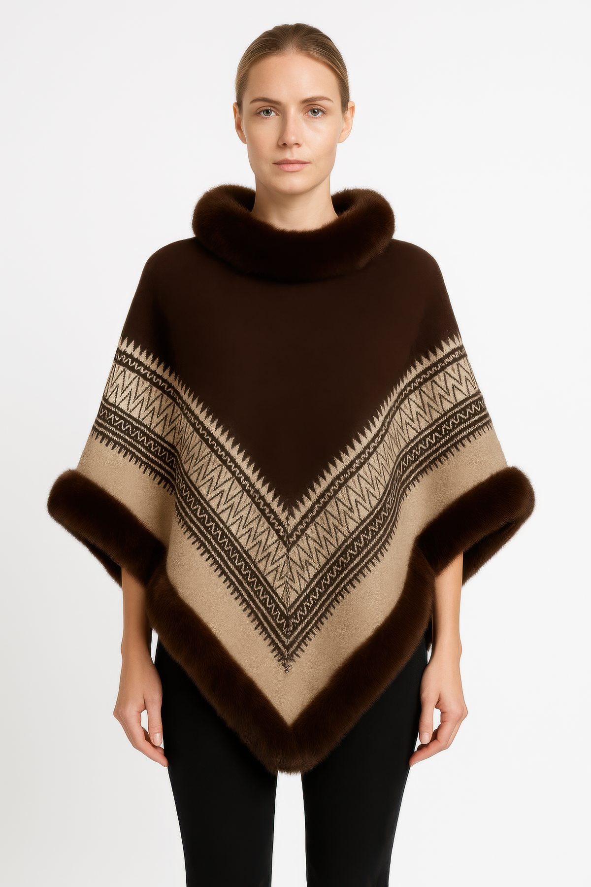 Chevron Trim Poncho with Faux Fur Collar