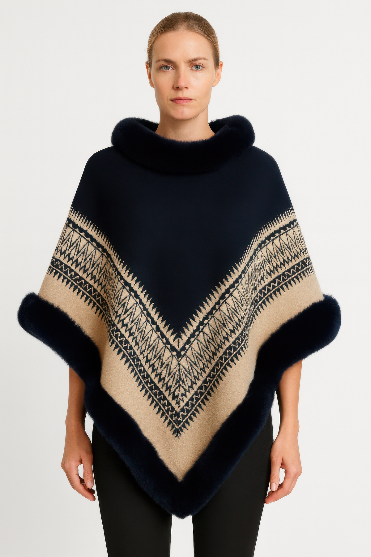 Chevron Trim Poncho with Faux Fur Collar
