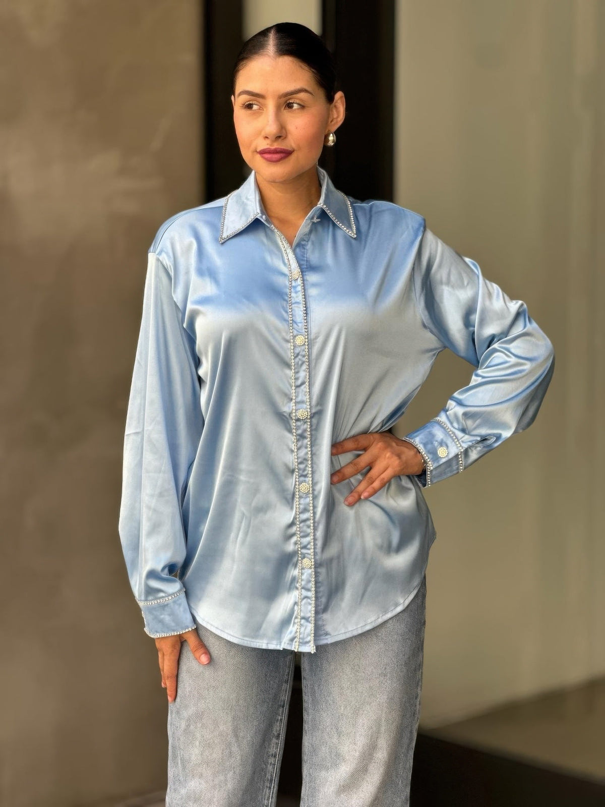Rhinestone Diamond Lined Button Down Satin Blouse