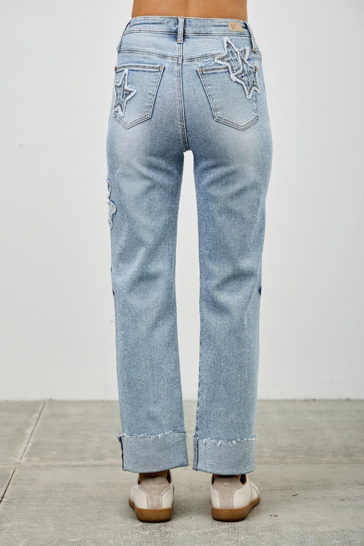 High Rise Star & Heart Patched Dad Jean W/stretch