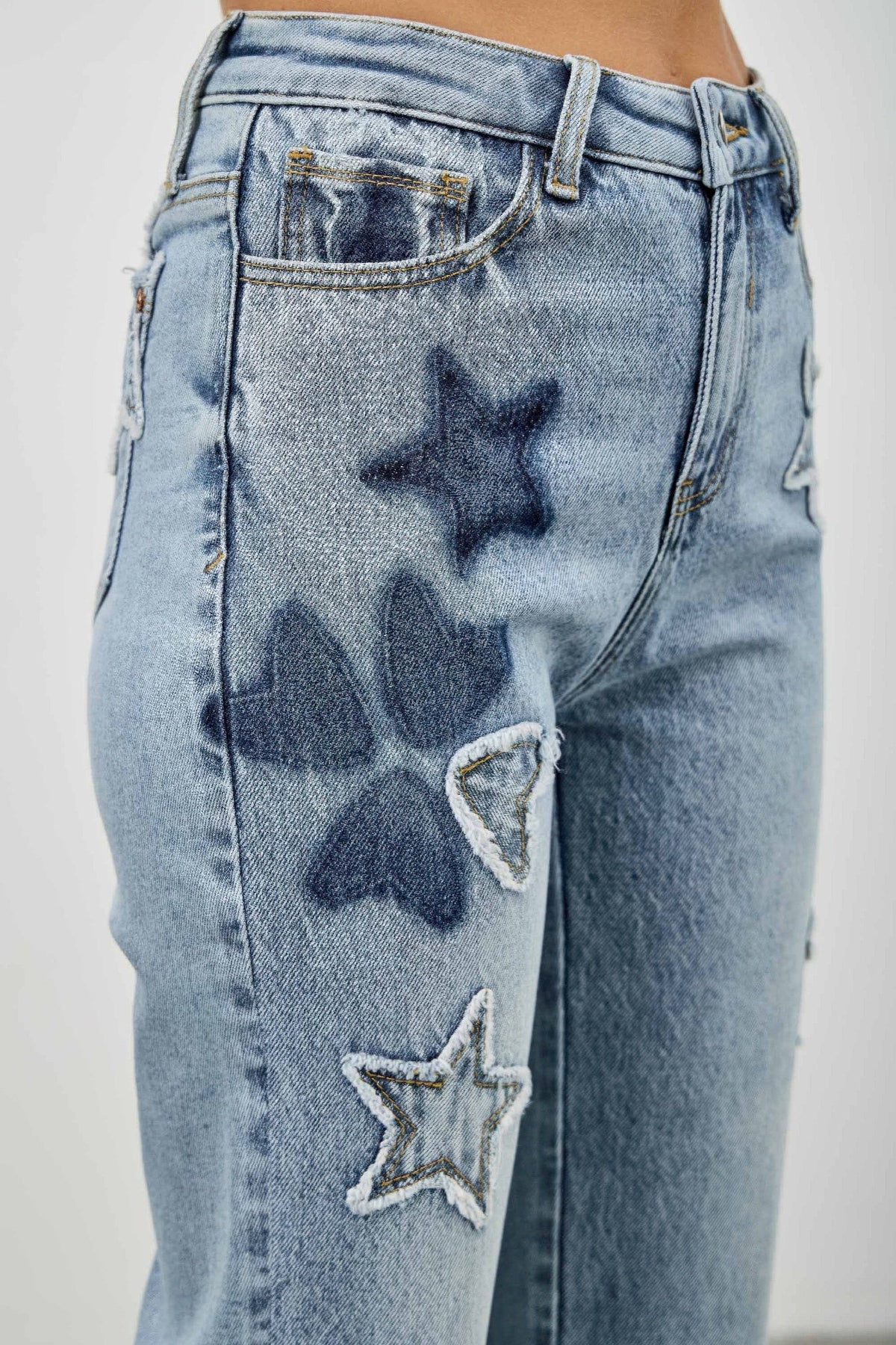 High Rise Star & Heart Patched Dad Jean W/stretch