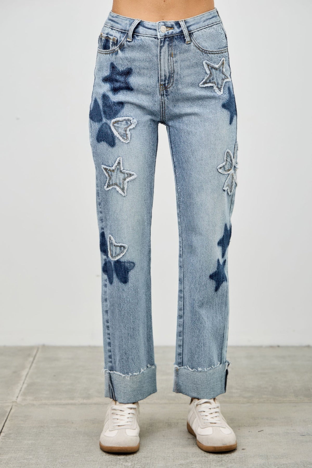 High Rise Star & Heart Patched Dad Jean W/stretch