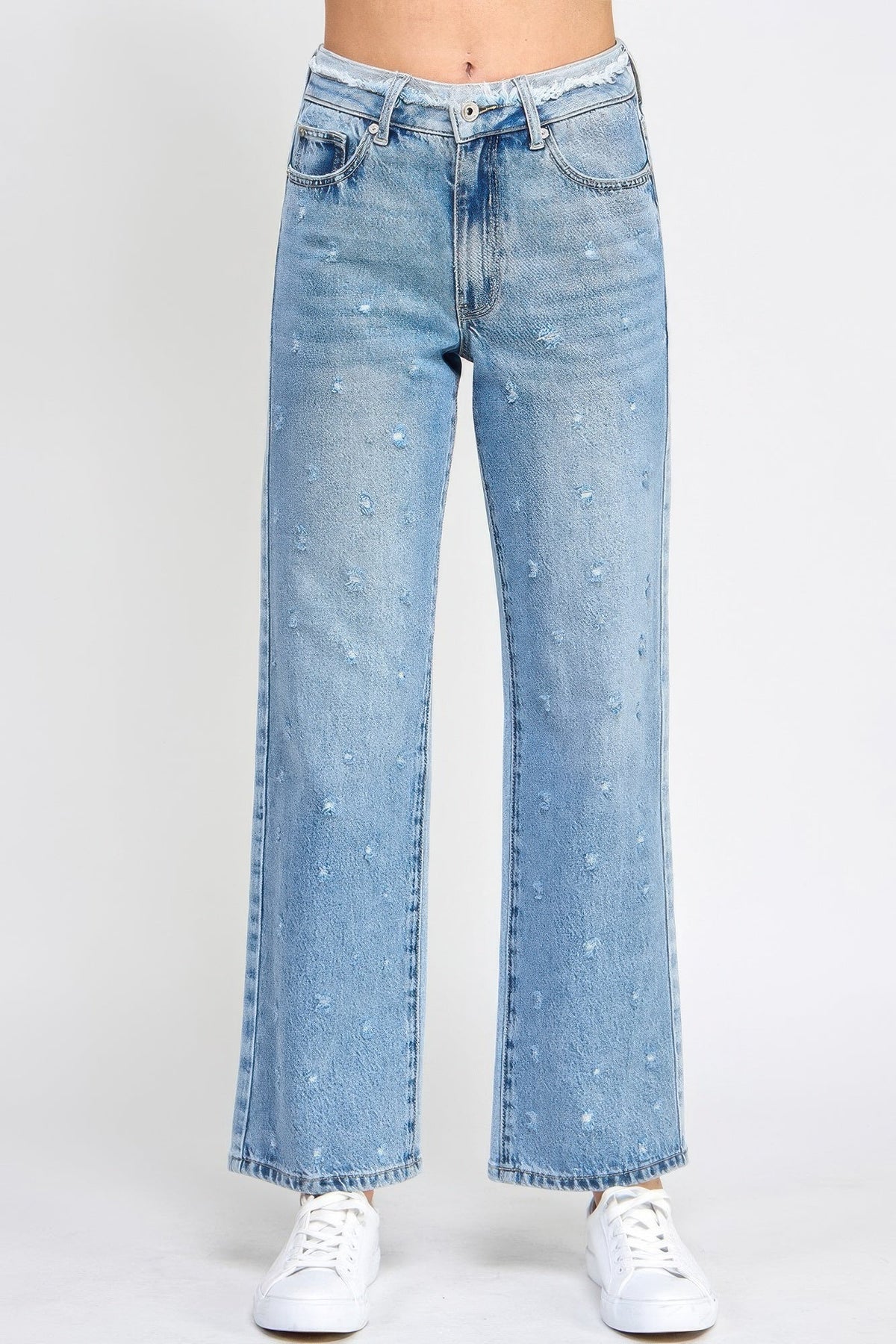 High Rise Dad Jeans W/ Fringe Waistband Detail