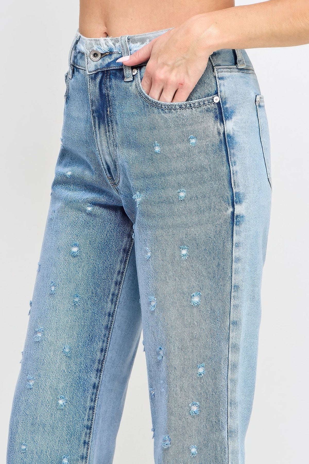 High Rise Dad Jeans W/ Fringe Waistband Detail