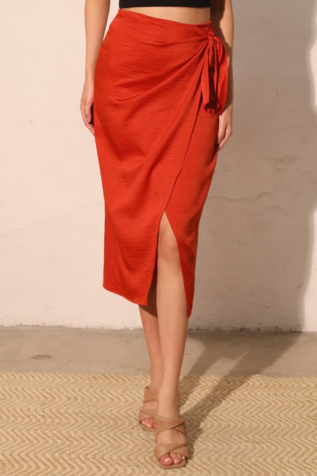 Washed Satin Crepe Side Wrap Midi Skirt