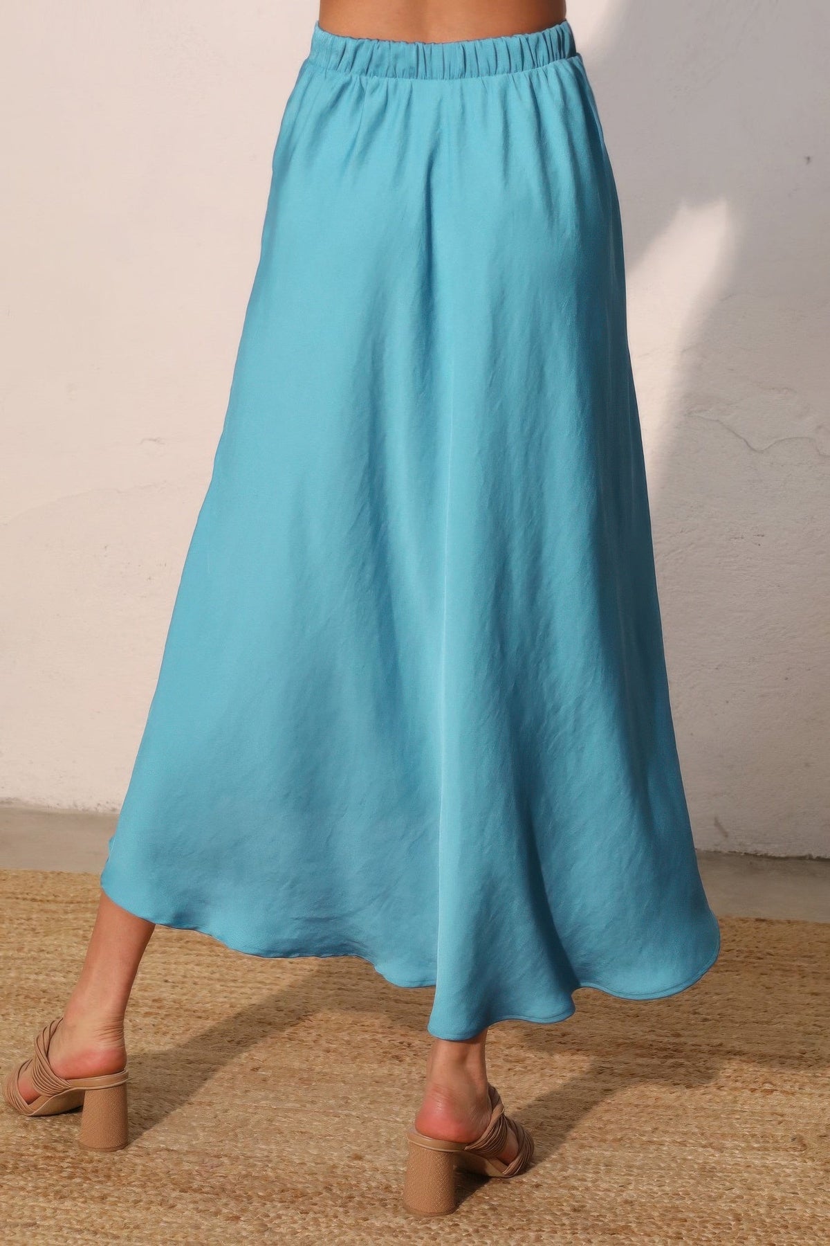 Washed Poly Silk Midi Swing Skirt