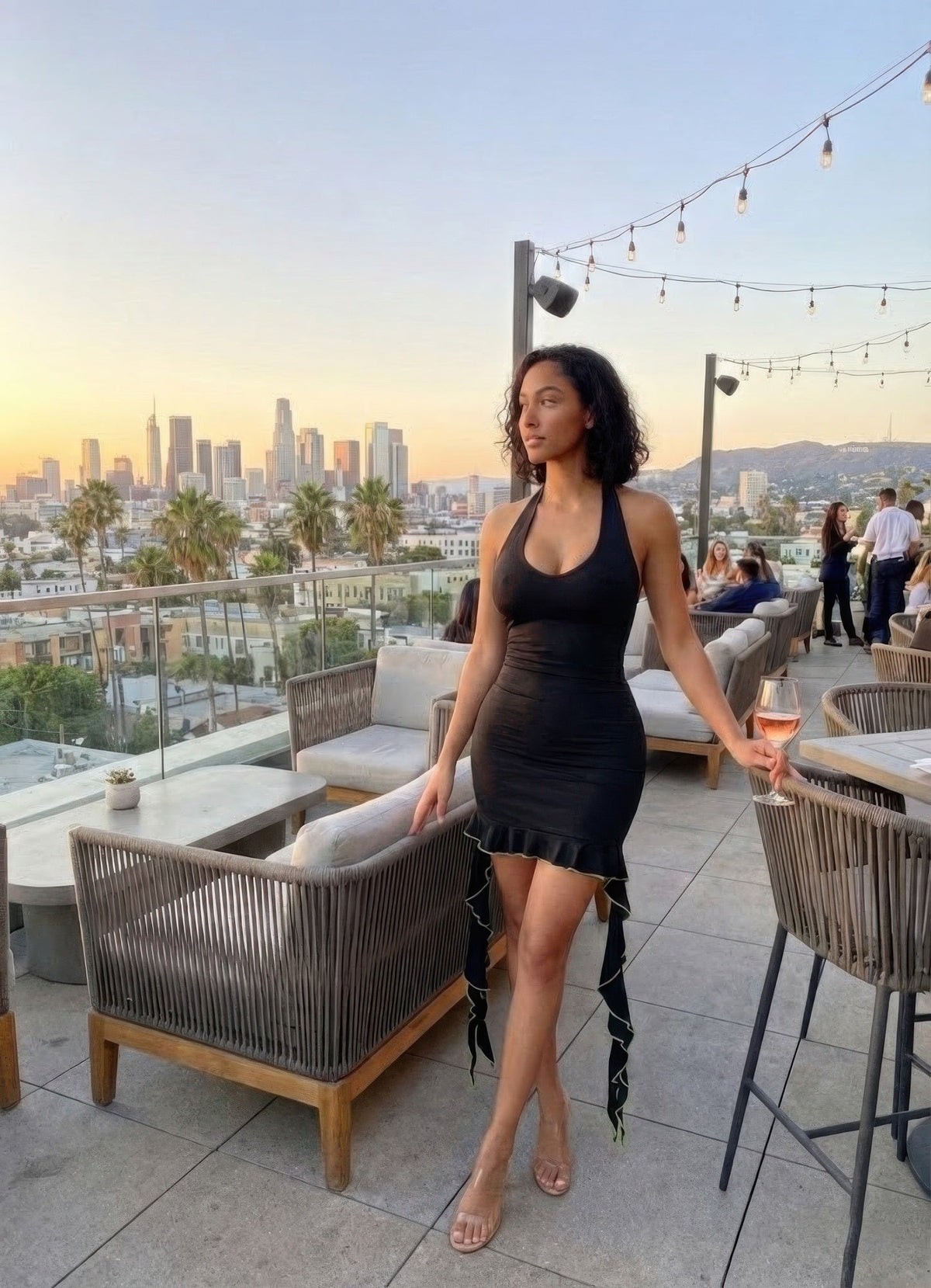 Solid Deep V Neck Mini Dress With Ruffle