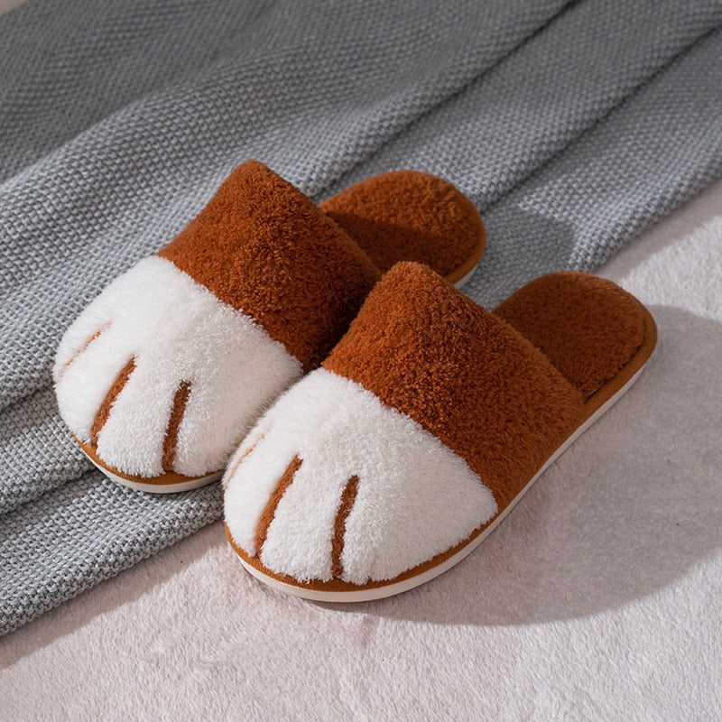 Zapatillas de invierno cálidas con piel para mujer, bonitas zapatillas de dormitorio con diseño de pata de gato, zapatos de felpa cálidos, antideslizantes para interior, zapatillas peludas para mujer