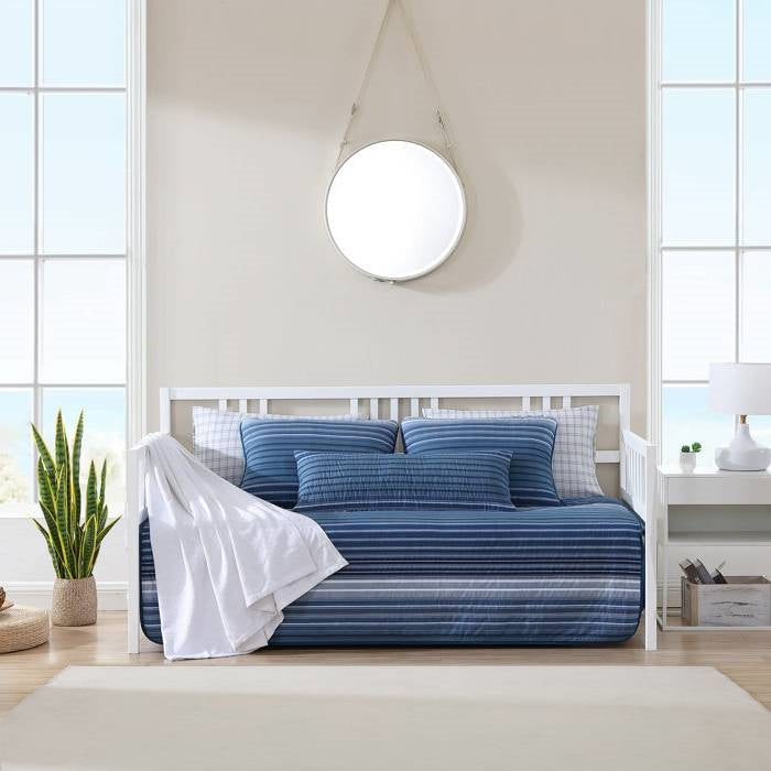 Juego de ropa de cama de 4 piezas con funda para diván de algodón a rayas azules marino y blancas