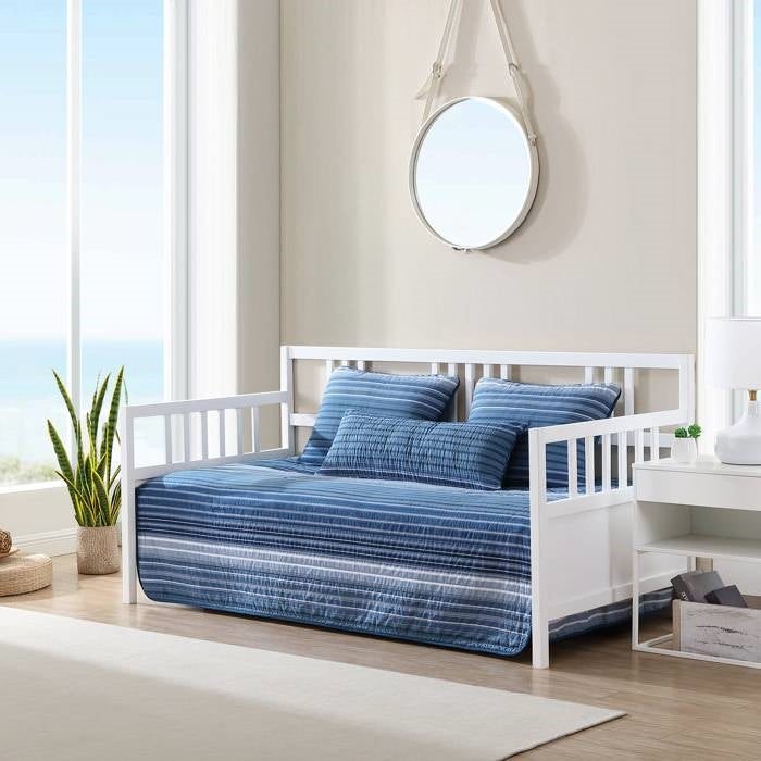 Juego de ropa de cama de 4 piezas con funda para diván de algodón a rayas azules marino y blancas