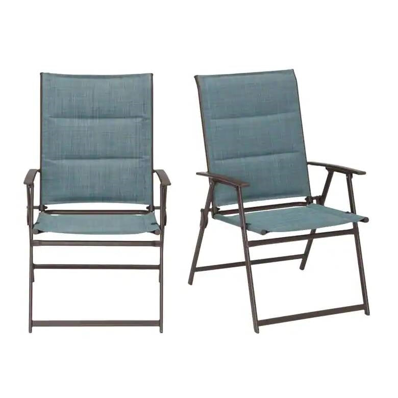 Juego de 2 - Silla de comedor plegable para patio con asiento acolchado de tela vaquera azul