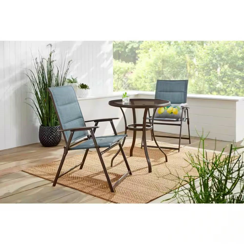 Juego de 2 - Silla de comedor plegable para patio con asiento acolchado de tela vaquera azul